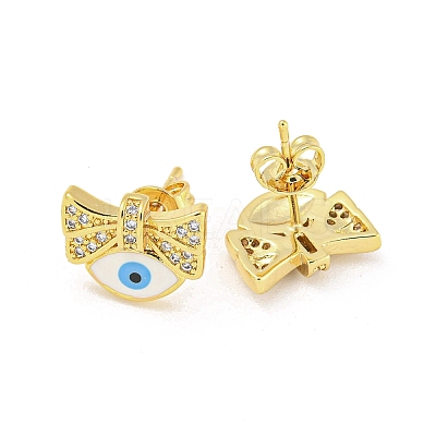 Bowknot with Evil Eye Real 18K Gold Plated Brass Stud Earrings EJEW-L269-105G-02-1