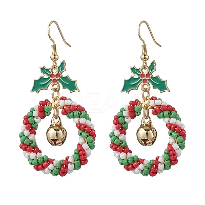 Christmas Wreath Glass Seed Beaded Dangle Earrings EJEW-TA00685-1
