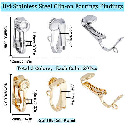 40Pcs 2 Colors 304 Stainless Steel Clip-on Earrings Findings STAS-SC0005-83-1