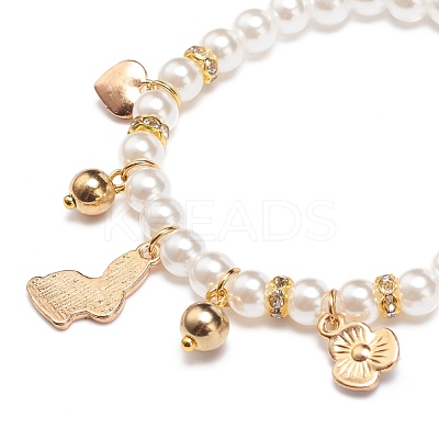 ABS Plastic Imitation Pearl Beaded Stretch Bracelet with Alloy Enamel Charms for Kids BJEW-JB08524-01-1