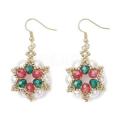 Flower Glass & Shell Pearl & Glass Seed Dangle Earrings EJEW-TA00719-1