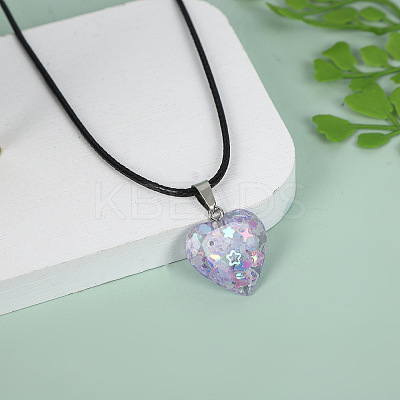 Luminous Heart with Paillette Inside Pendant Black Wax Cord Necklaces FS-WGF75A0-01-1