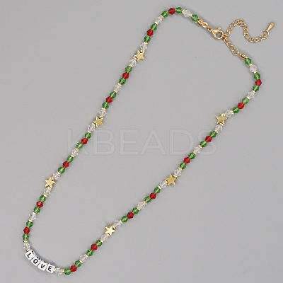 Christmas Theme Glass & Imitation Pearl & Brass LOVE Star Beaded Necklaces LS-GF3195-7-1