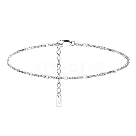 Rhodium Plated 925 Sterling Silver Curb Chain Anklet with Rectangle Charm AJEW-F162-001P-1