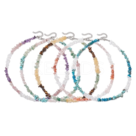 Natural Rose Quartz & Quartz Crystal & Amethyst & Howlite & Apatite & Carnelian & Citrine & Tiger Eye & Green Aventurine Chip Beaded Necklaces NJEW-JN05099-1