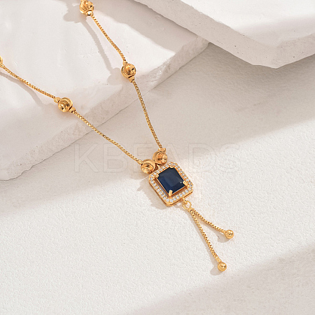 Fashionable Vintage Brass & Glass Tassel Rectangle Pendant Necklaces for Women WB8408-7-1
