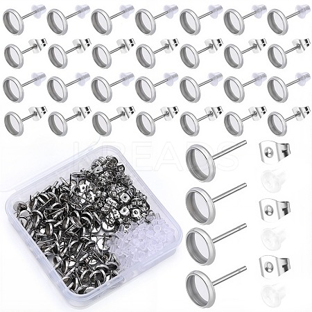 100Pcs Flat Round Stainless Steel Stud Earring Settings STAS-SP0001-61A-P-1