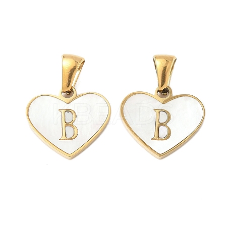 304 Stainless Steel Pave Natural White Shell Heart with Initial Slice Pendants STAS-R168-25G-B-1