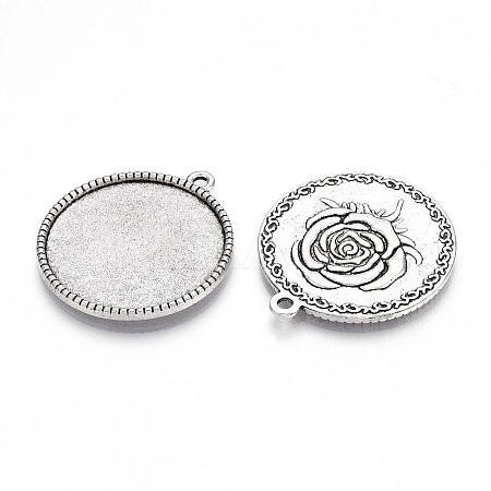 Tibetan Style Carved Rose Alloy Flat Round with Rose Pendant Cabochon Settings TIBEP-Q045-024AS-RS-1