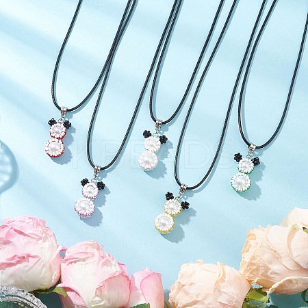 Glass Seed Beads & Glass Pearl Round Beaded Bear Pendant Waxed Cotton Cord Necklaces for Women Men NJEW-MZ00126-1
