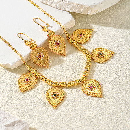 Bohemian Brass Micro Pave Cubic Zirconia Teardrop Charm Necklace & Earrings Sets for Women OD4014-1