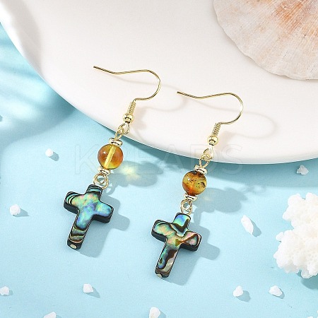 Cross Natural Amber & Abalone Shell/Paua Shell Dangle Earrings EJEW-JE07359-1