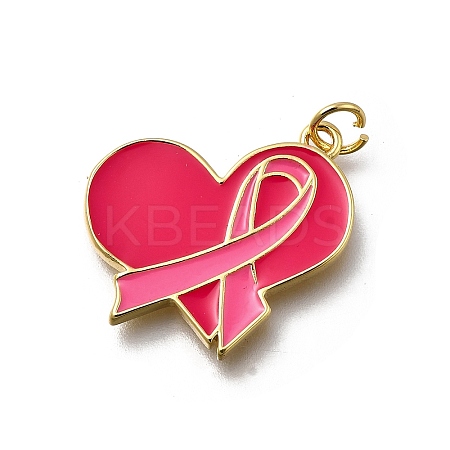 October Breast Cancer Pink Awareness Ribbon Brass Enamel Pendants KK-G525-10G-05-1