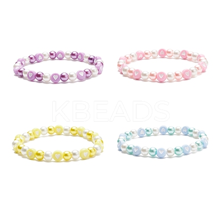 Acrylic Heart & Glass Pearl Beaded Stretch Bracelet for Women BJEW-JB08393-1