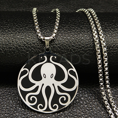 201 Stainless Steel Black Enamel Flat Round with Octopus Pendant Necklaces LS-NJEW-K283-31P-1