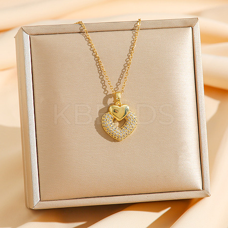 Brass Micro Pave Clear Cubic Zirconia Heart Pendant Necklaces LS-NJEW-K280-07G-1