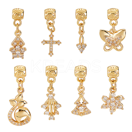 8Pcs 8 Style Rack Plating Brass Micro Pave Clear Cubic Zirconia Pendants ZIRC-OC0001-05G-1