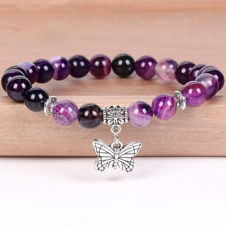 8MM Round Natural Purple Banded Agate(Dyed & Heated) Beaded Stretch Bracelets with Alloy Butterfly Charms FQ7211-1-1