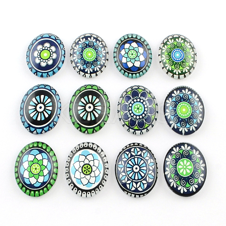 Geometric Flower Pattern Glass Oval Flatback Cabochons for DIY Projects X-GGLA-R022-35x25-80-1