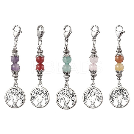 Alloy Tree of Life & Round Natural Gemstone Pendant Decoration HJEW-JM02021-S-1