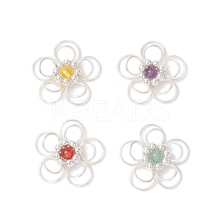 4Pcs 4 Styles Natural Amethyst & Quartz Crystal & Green Aventurine & Carnelian Round Copper Wire Wrapped Flower Pendants PALLOY-TA00259-1
