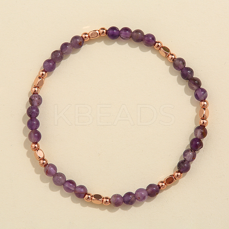 Natural Amethyst & Brass Bead Stretch Bracelets for Women HH3302-4-1
