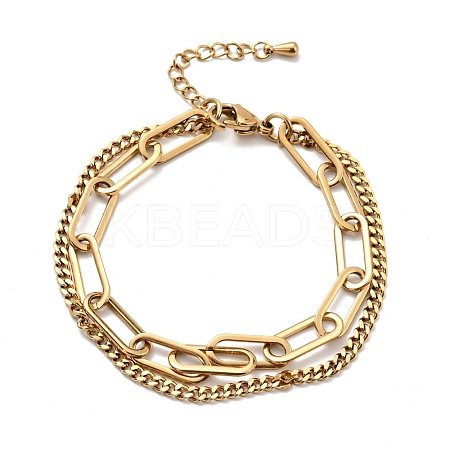 PVD Vacuum Plating 201 Stainless Steel Paper & Curb Chains Double Layered Multi-strand Bracelet for Women BJEW-A126-19G-1