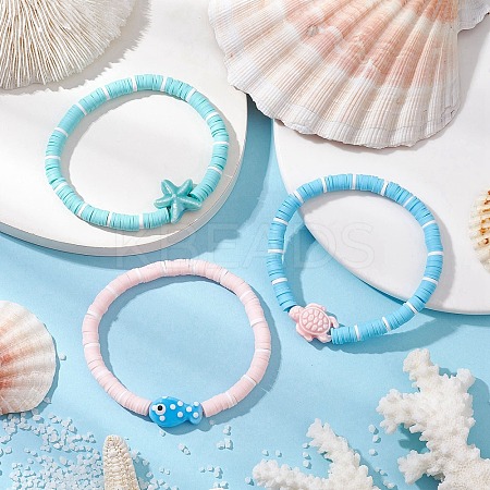 3Pcs 3 Styles Flat Round Handmade Polymer Clay Heishi Beaded Stretch Bracelets BJEW-JB11715-1