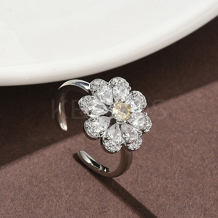 Flower Brass Micro Pave Cubic Zirconia Cuff Rings for Women RJEW-A069-01B-P-1