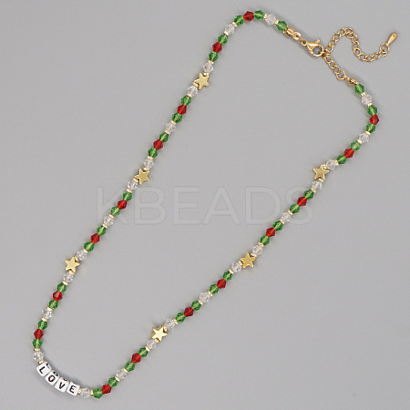Christmas Theme Glass & Imitation Pearl & Brass LOVE Star Beaded Necklaces LS-GF3195-7-1