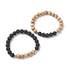 Natural Lava Rock & Wooden Round Beaded Stretch Bracelet BJEW-JB10075-02-4