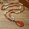Natural Red Jasper Flat Teardrop Pendant Round Gems and Cube Glass Beaded Long Necklaces for Women FS-WG9FE58-05-1