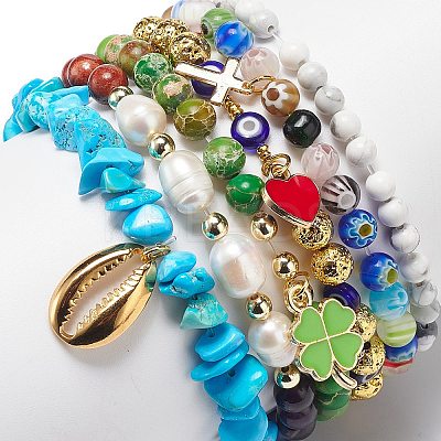 6Pcs 6 Style Natural Mixed Gemstone & Pearl & Glass Beaded Stretch Bracelets Set BJEW-JB08876-1