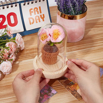 1 Set Glass Cloche Bell Jar Terrarium with 1Pc Handmade Knitting Crochet Artificial Lily of the Valley Potted DJEW-WR0001-01B-1