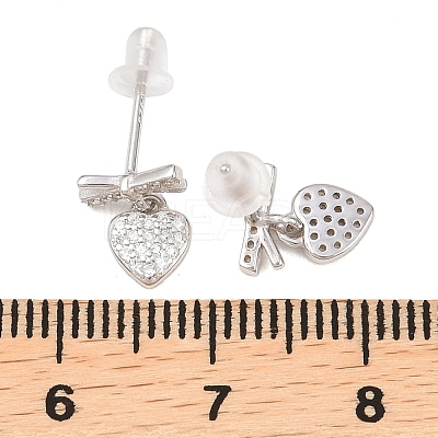 Heart with Bowknot 925 Sterling Silver Micro Pave Clear Cubic Zirconia Dangle Stud Earrings EJEW-C176-03P-1