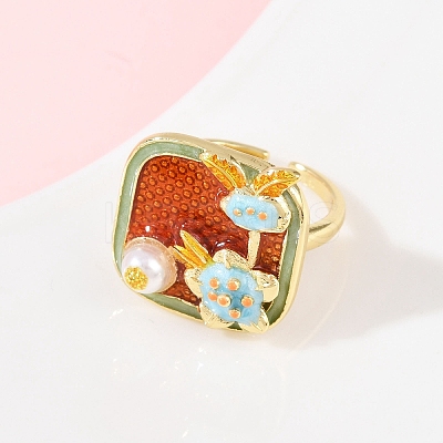 Brass Orange Red Enamel Flower Cuff Rings RJEW-C139-17D-G-1