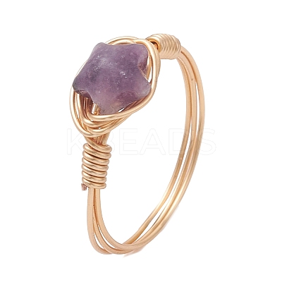 Golden Tone Copper Wire Wrapped Natural Gemstone Finger Rings RJEW-JR00983-1