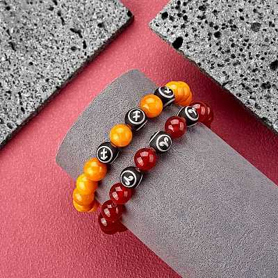 Dark Orange Natural Yellow Jade Round Beaded Stretch Bracelet BJEW-SW00077-07-1
