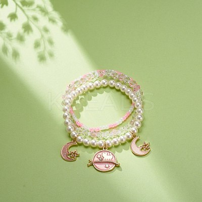 3Pcs 3 Style Shell Pearl & Glass Seed Beaded Stretch Bracelets Set BJEW-JB08705-02-1