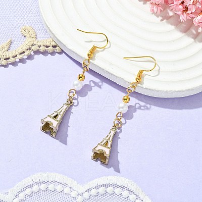 Alloy Enamel Eiffel Tower Dangle Earrings with Imitation Pearl Beaded EJEW-JE05422-01-1