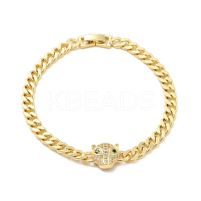 Green Cubic Zirconia Leopard Link Bracelet with Brass Curb Chains for Men Women KK-H434-11G-1