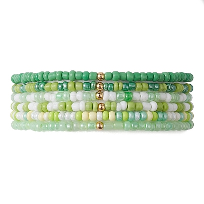 6Pcs Glass Seed & Brass Beaded Stretch Bracelets Set BJEW-JB09538-02-1