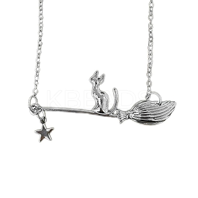 Halloween Alloy White Cat with Broom Pendant Necklaces for Women FS-WGACF10-04-1