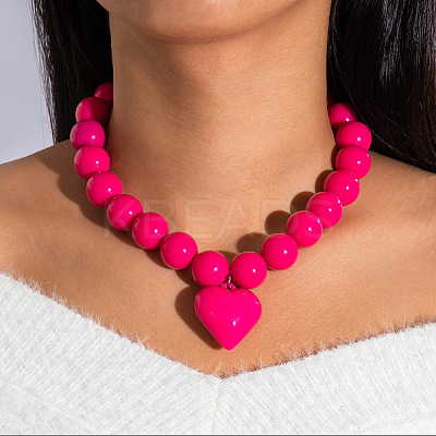Glass Heart Pendant Round Plastic Beaded Necklaces for Women FS-WG4AA6D-03-1