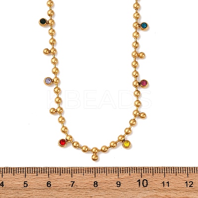 304 Stainless Steel Ball Chain Colorful Cubic Zirconia Flat Round Tassel Necklaces for Women NJEW-L157-10G-1