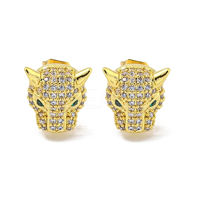 Wolf Brass Micro Pave Clear & Green Cubic Zirconia Stud Earrings for Women EJEW-G387-02G-1