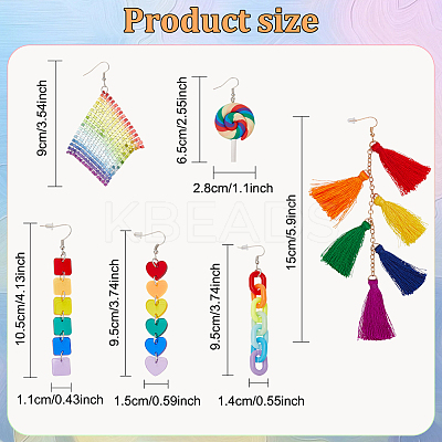 6 Pair 6 Style Rainbow Color Pride Heart Acrylic & Polymer Clay Lollipop & Polyester Tassel Dangle Earrings EJEW-AN0003-33-1