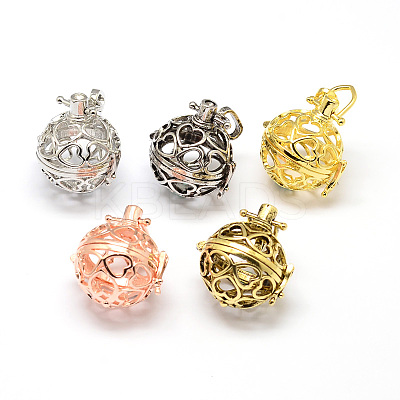 Filigree Round with Heart Brass Cage Pendants KK-N0092-03M-NR-1