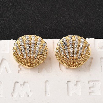 Brass Micro Pave Clear Cubic Zirconia Shell Shape Hoop Earrings EJEW-C158-05G-1