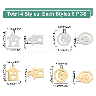 32Pcs 4 Style 304 Stainless Steel Charms STAS-DC0009-28-1